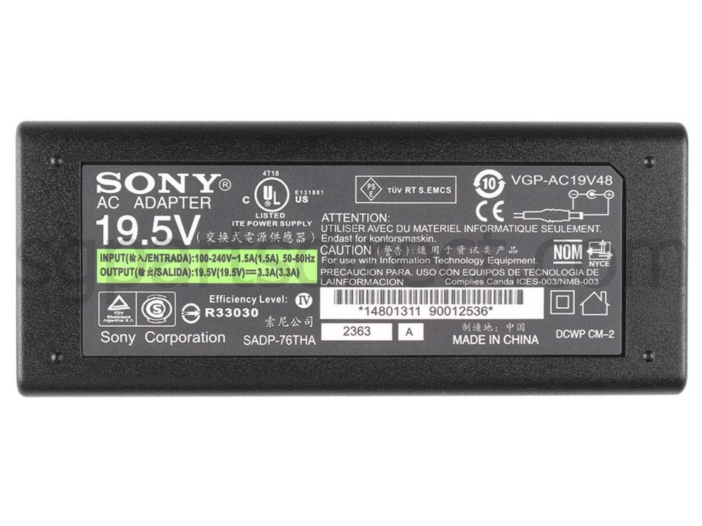 65W Sony SVS13A2W9ES (SVS13A2W9ES.G4) Charger Adapter + Cord